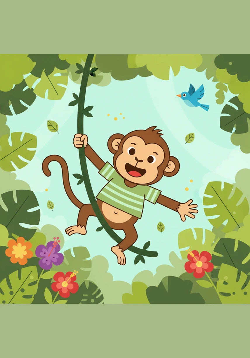 A playful Monkey swings from a thick vine while a bright Parrot sits on a branch with large jungle leaves. The names Monkey and Parrot are shown with the fun fact that parrots can mimic many different sounds including human voices.