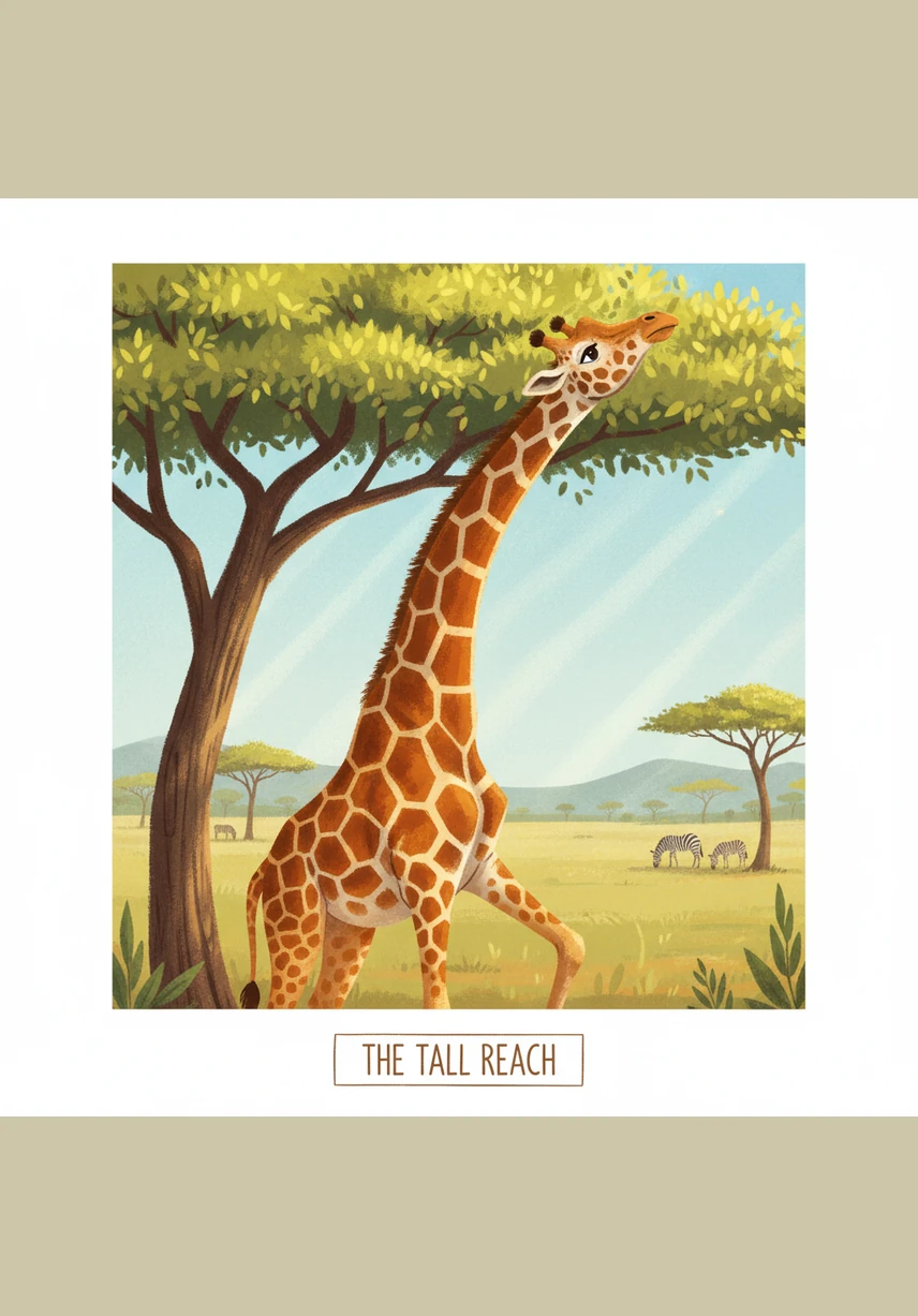 A tall Giraffe reaches its long neck toward the top of a leafy tree under a simple sun and fluffy clouds. The name Giraffe is written below with the fun fact that a giraffe's neck is too short to reach the ground, so it has to spread its legs to drink.