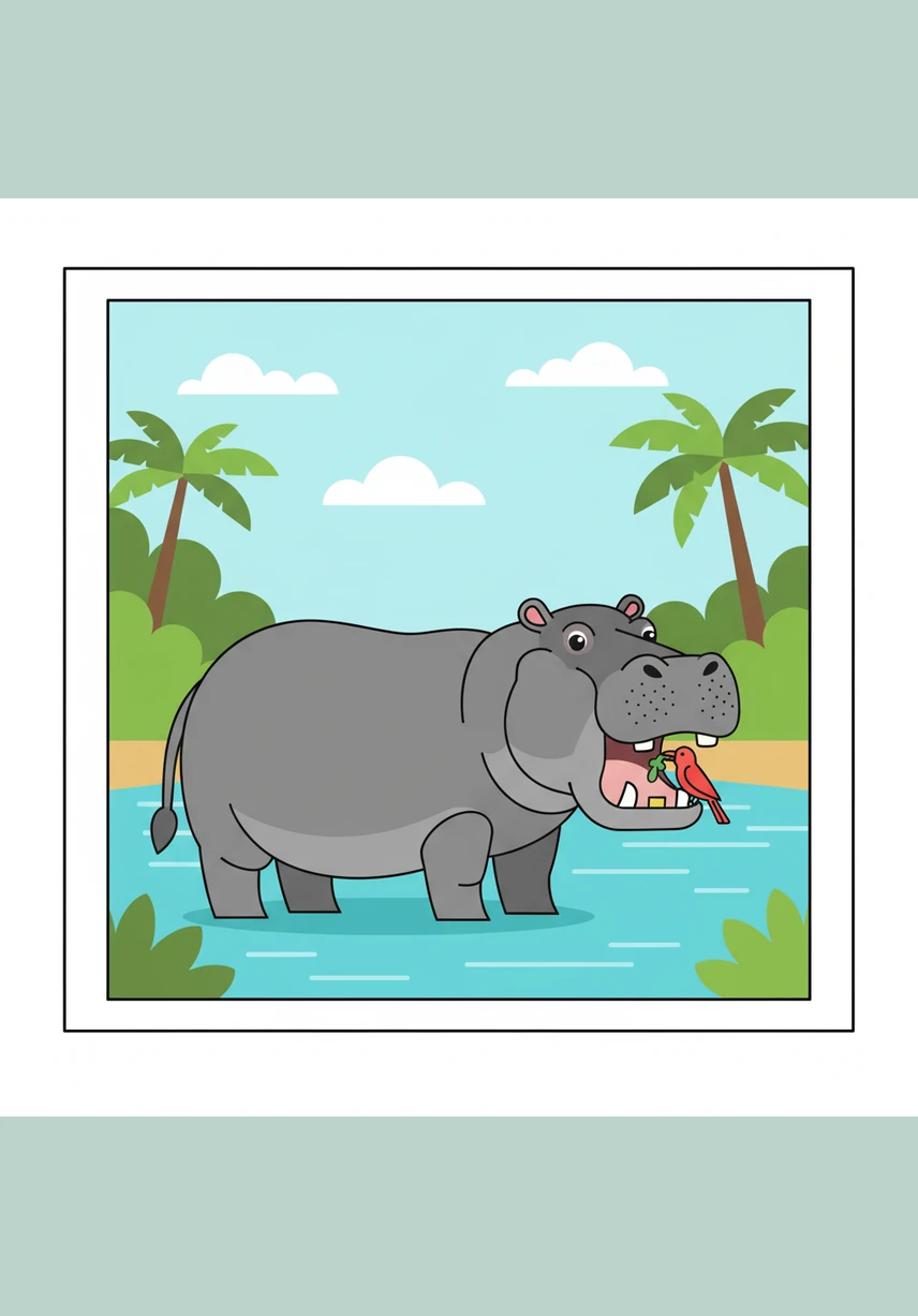 A Crocodile peeks out from the river waves while a large Hippo stands on the sandy bank nearby. The names Crocodile and Hippo are included with the fun fact that hippos can spend up to sixteen hours a day submerged in water to stay cool.