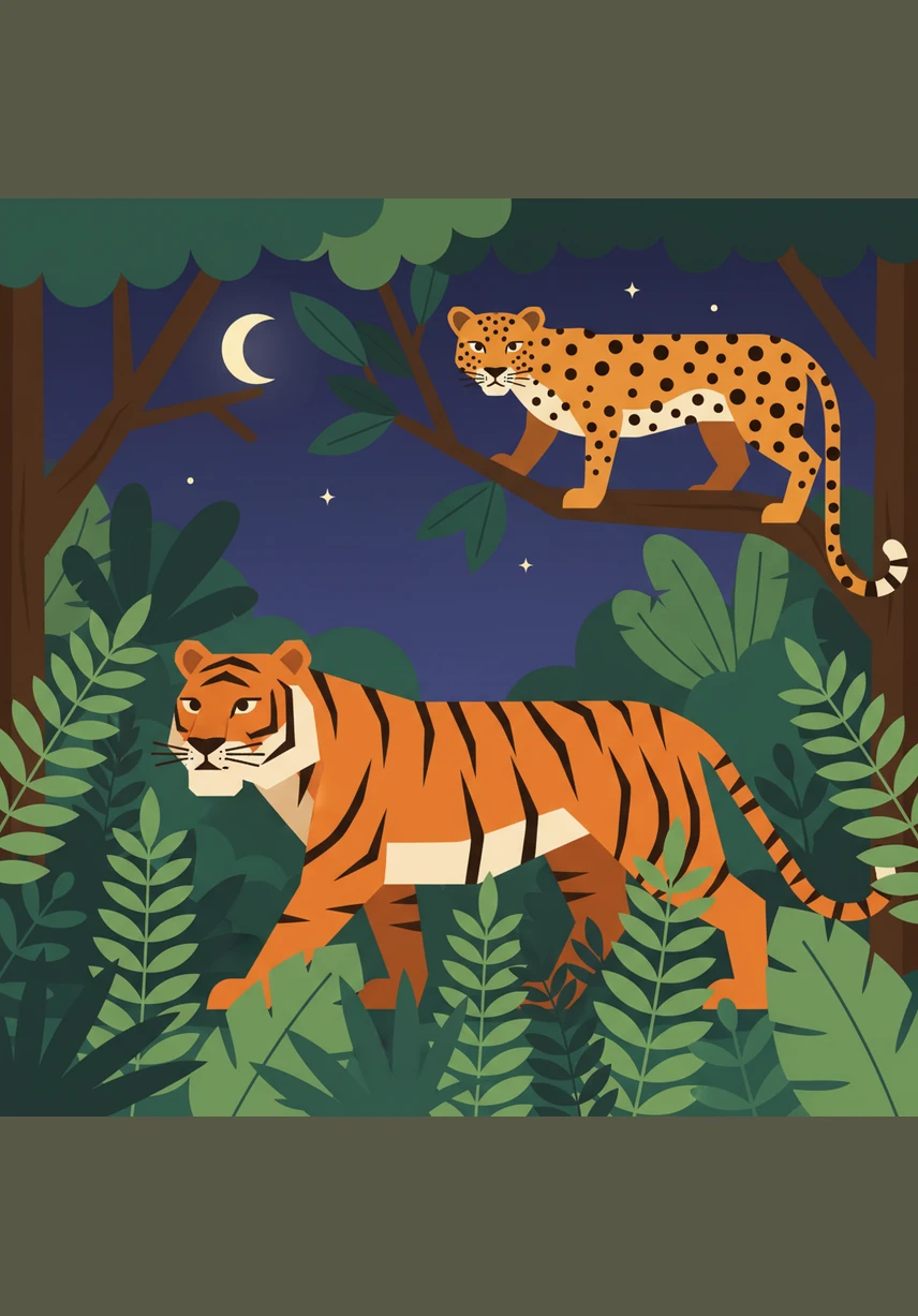 A powerful Tiger walks through thick jungle ferns while a spotted Leopard watches from a high tree branch. The names Tiger and Leopard are listed with the fact that tigers are the biggest species of cat in the entire world.