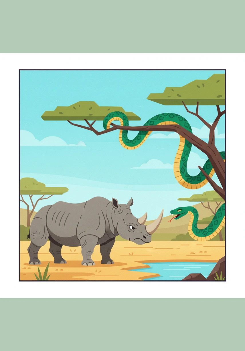 A strong Rhino stands near a pile of jungle rocks while a long Snake slithers through the grass at its feet. The names Rhino and Snake are printed with the fact that snakes don't have eyelids and never blink their eyes.