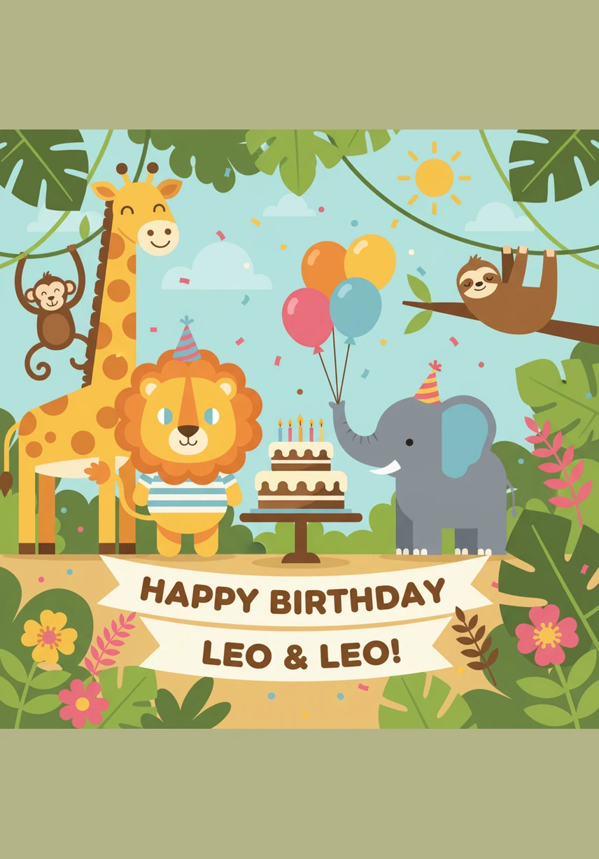 The final page shows a festive jungle scene with the words Great Job Coloring written in large, bubbly letters. A small bird flies overhead, and the background is filled with simple stars and flowers to celebrate the artist's completed work.