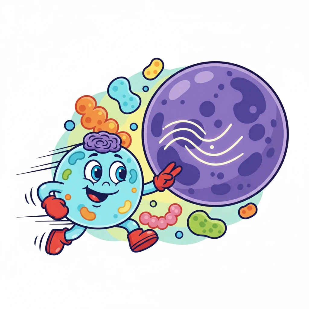 They zoomed towards the nucleus, the cell's control center. It was a large, spherical structure filled with the cell's genetic information. Cell-E knew important instructions were kept there.