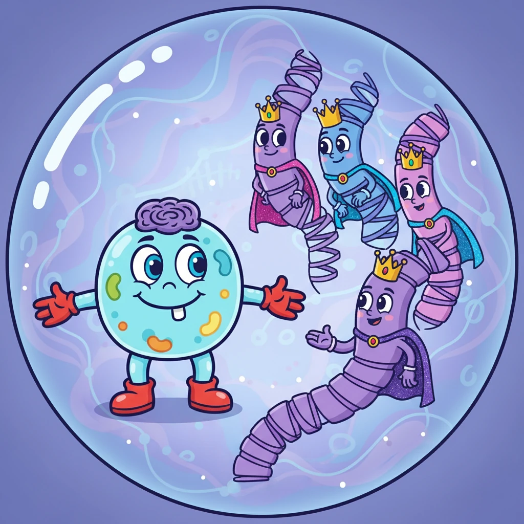 Inside the nucleus, Cell-E met the Chromosome Crew, long, coiled strands of DNA. They explained how they carried the blueprints for the cell's functions. The Chromosome Crew looked very important.
