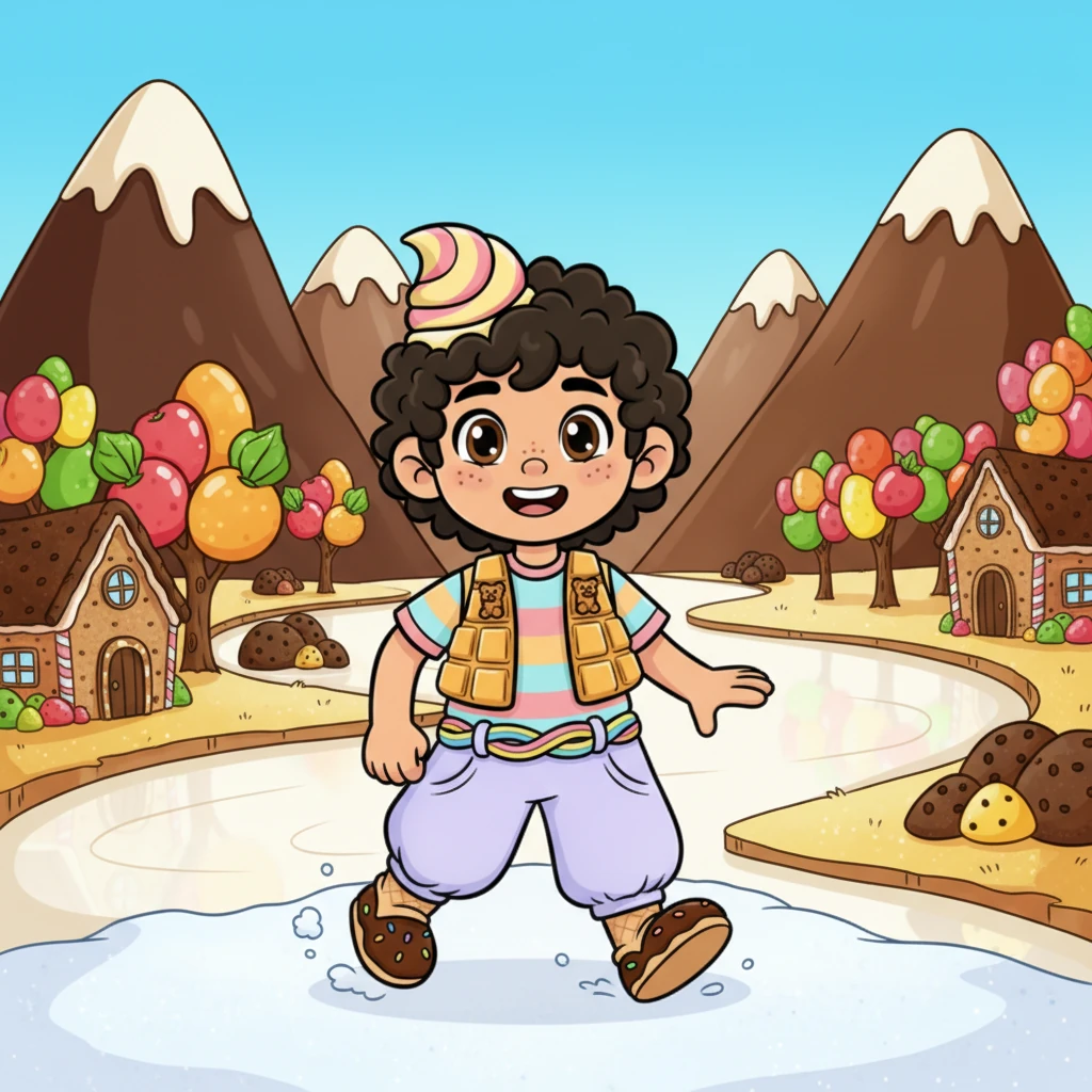 Nico, un niño curioso con el cabello despeinado, sonríe mientras camina por un camino de azúcar glass que cruje bajo sus pies. A su alrededor, montañas de chocolate se elevan majestuosamente y ríos de leche tibia serpentean, reflejando el cielo azul. Árboles con frutas de goma de colores brillantes adornan el paisaje, y las casas de galleta crujiente invitan a la diversión. Este era su hogar, el increíble Mundo de Caramelo, un lugar lleno de dulzura y maravillas por explorar.