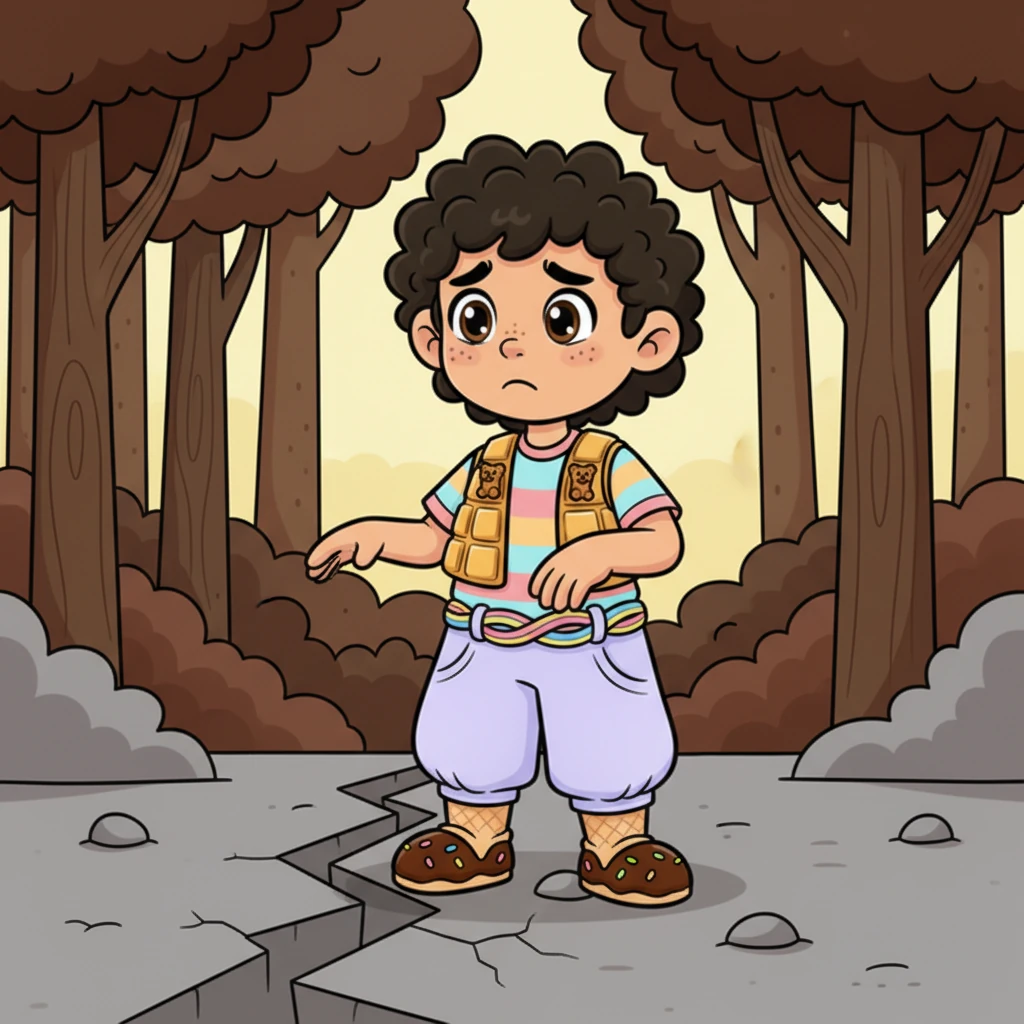 Mientras Nico explora cerca del Bosque de Chocolate Amargo, su sonrisa se desvanece de repente. El suelo bajo sus pies ha perdido su brillo y dulzura, volviéndose gris y quebradizo. Una grieta de preocupación aparece en su rostro mientras observa el desolador cambio, sintiendo que algo no anda bien en su dulce mundo.