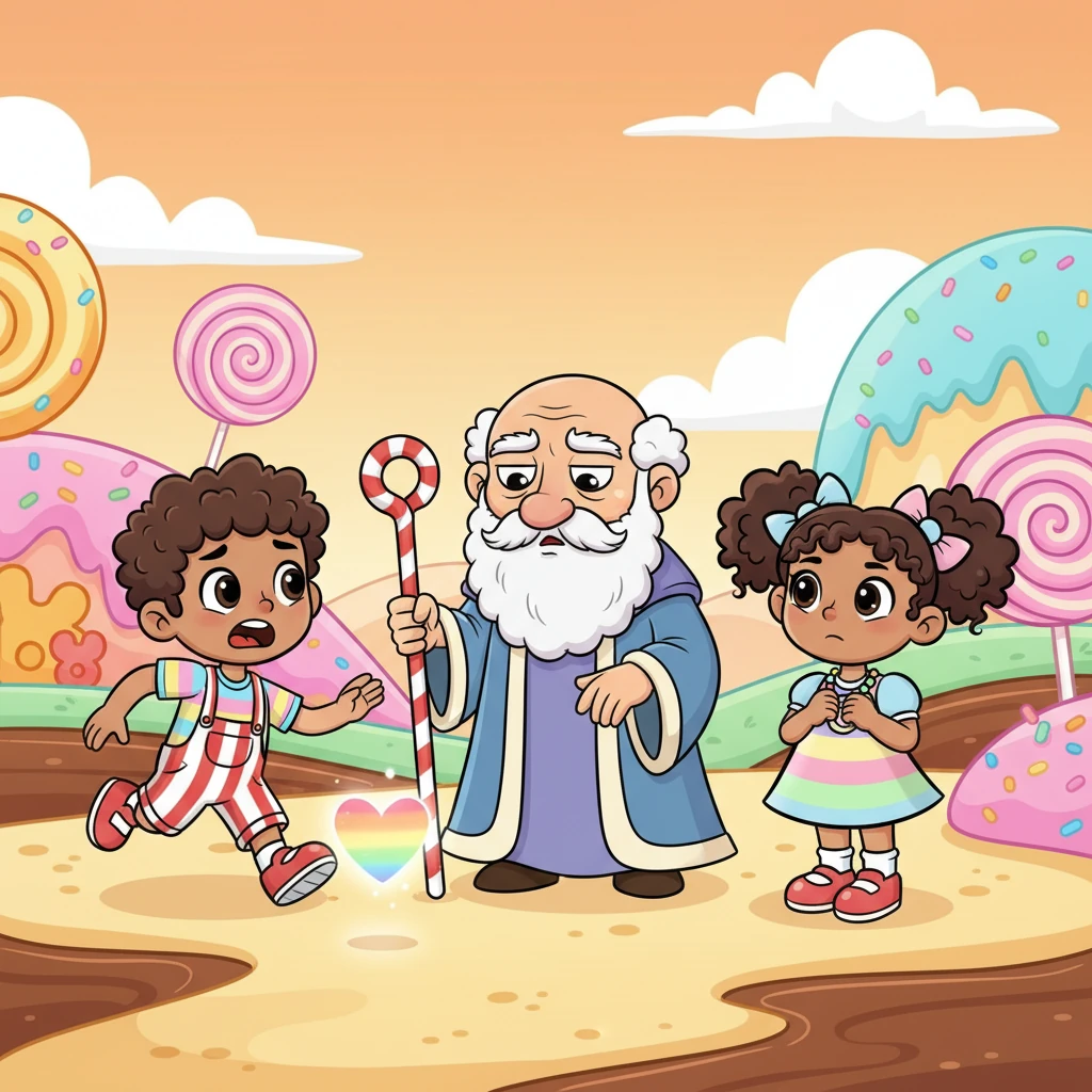 Nico corre alarmado hacia Don Bombón, un anciano sabio con barba de malvavisco y bastón de caramelo rayado, que frunce el ceño gravemente. Lila, con sus trenzas de regaliz rojo, escucha con atención mientras Don Bombón explica que el Corazón de Caramelo está en peligro. Sin él, advierte el anciano, el mundo perderá todo su sabor, color y alegría.