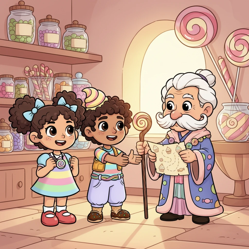 Con una mirada de determinación, Nico acepta la misión de salvar su hogar y el Corazón de Caramelo. Lila, valiente y animada, insiste en acompañarlo en la aventura, lista para cualquier desafío. Don Bombón les entrega un mapa antiguo hecho de oblea, dándoles su bendición para el peligroso viaje hacia el Castillo de Azúcar.