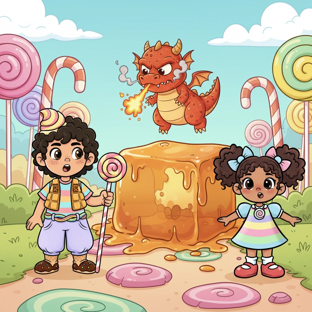 En su camino, Nico y Lila se topan con Chispa, un pequeño dragón de caramelo picante que parece gruñón al principio, escupiendo pequeñas bocanadas de humo. Chispa, aunque malhumorado, demuestra ser leal, lanzando pequeñas llamas que derriten un bloque de caramelo pegajoso que les bloqueaba el paso, abriendo un camino con un silbido.