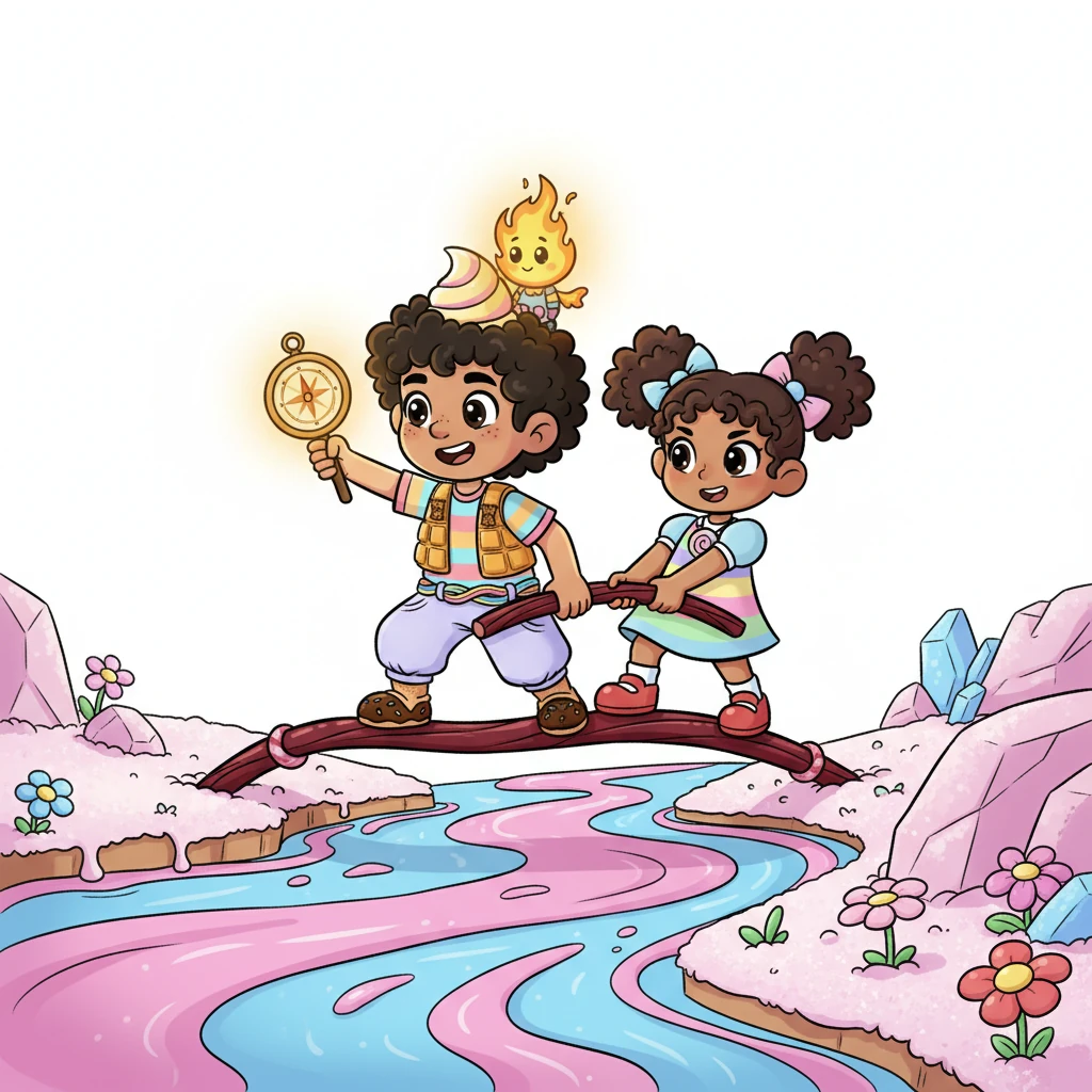 Con ingenio y trabajo en equipo, Nico, Lila y Chispa superan un río de sirope pegajoso, usando una rama de regaliz como puente improvisado. Chispa ilumina el camino con sus pequeñas llamas, mientras Lila tira con fuerza y Nico guía con su brújula de caramelo. Su amistad y colaboración los hacen imparables frente a los desafíos del camino.