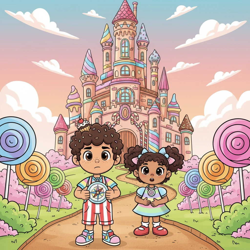 Finalmente, después de un largo y aventurero viaje, llegan al imponente Castillo de Azúcar, que se alza majestuoso y un poco intimidante en la distancia. Nico, con un toque de nerviosismo pero resoluto, aprieta la pequeña brújula de caramelo duro que le regaló su abuelo, listo para enfrentar lo que venga dentro de sus muros.