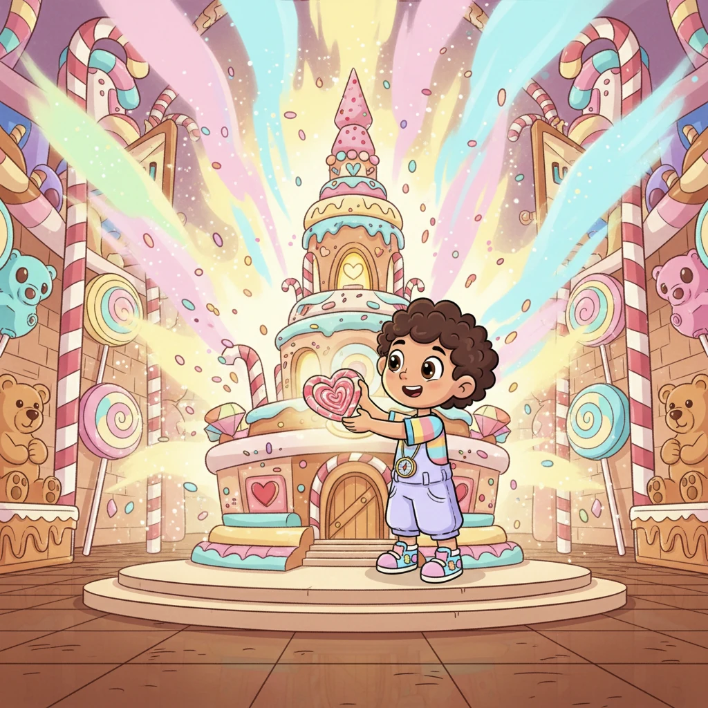 Dentro del castillo, la brújula de Nico brilla intensamente con una luz cálida, señalando el camino correcto hacia el Corazón de Caramelo. Con valentía y determinación, Nico lo devuelve a su lugar en el centro de la sala, y al instante, una ola de color y dulzura se extiende por el mundo. El castillo se ilumina con una luz mágica, anunciando la restauración de la alegría.