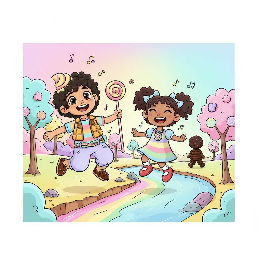 El Mundo de Caramelo ha recuperado sus colores vibrantes, los ríos fluyen dulces de nuevo y el aire se llena de risas y alegría. Nico, Lila y Chispa celebran su éxito, sabiendo que la amistad, el coraje y la generosidad son el verdadero corazón de su dulce hogar. La Reina Melaza se marcha en silencio, habiendo aprendido una valiosa lección sobre el poder de compartir.