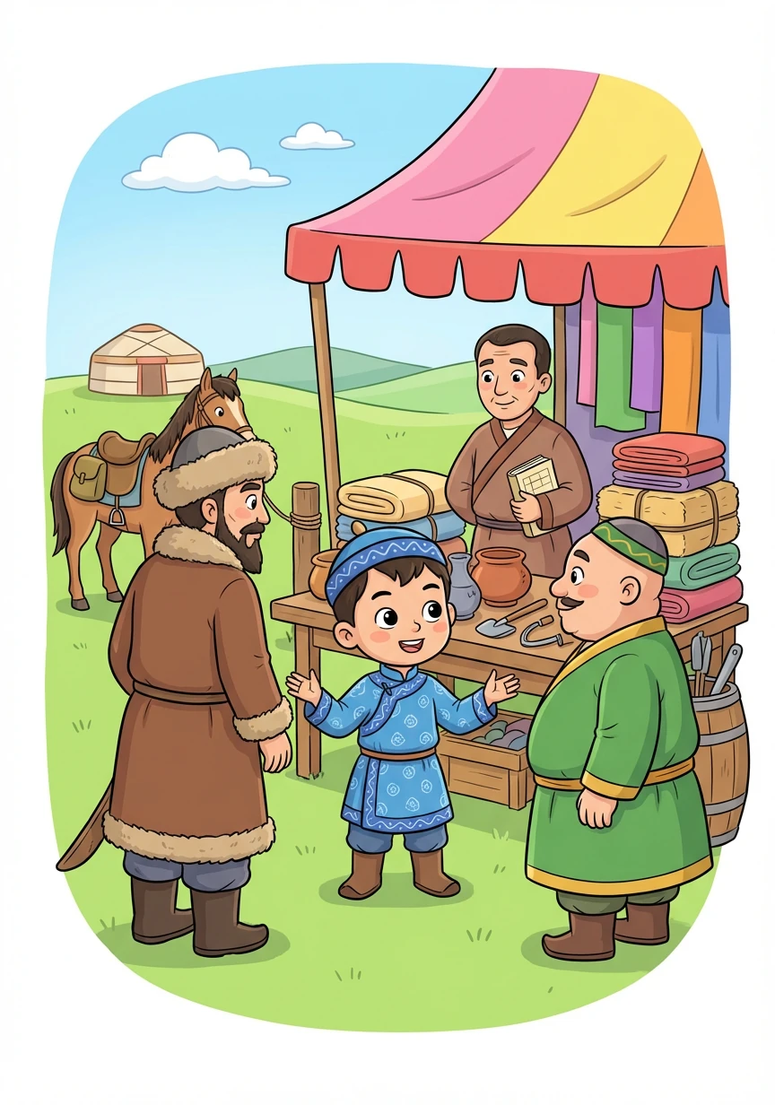 Санчай Салчак, молодой и смышленый, помогает отцу в торговых делах. Он переводит с русского на тувинский, помогая купцам и баям договариваться о сделках. Его лицо всегда озаряет улыбка, но в глазах читается серьезность.