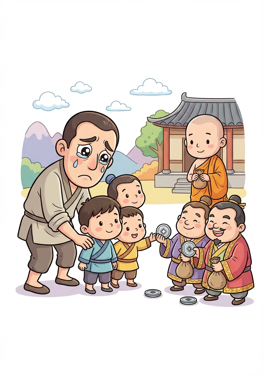 В отчаянии отец решает отдать своих троих сыновей – Тумен-оола, Дембирела и маленького Санчая – в школу при буддийском центре. За каждого сына купцы обещают выплатить 25 серебряных ланов. Лицо отца полно печали.