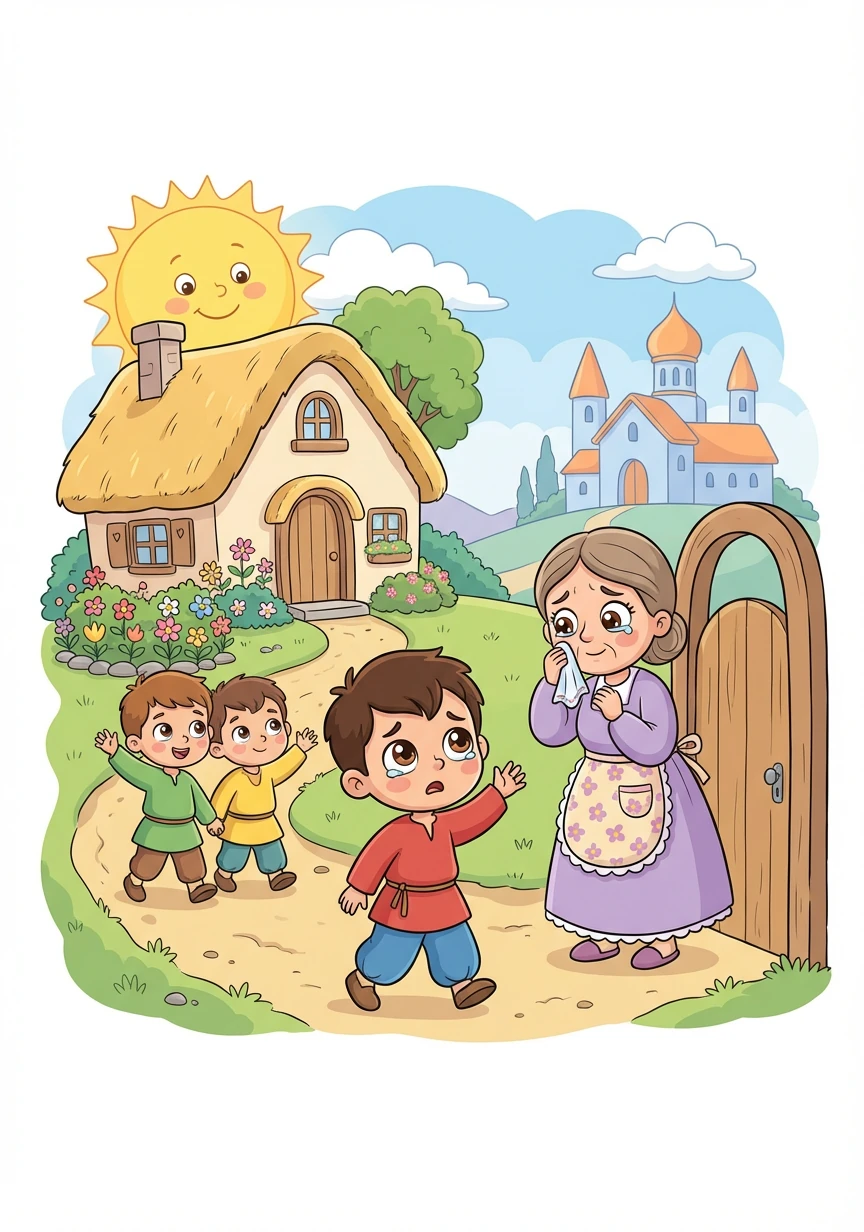 Санчай и его братья прощаются с родным домом. Их ждут новые знания и строгая дисциплина в стенах монастыря. На глазах у матери блестят слезы.