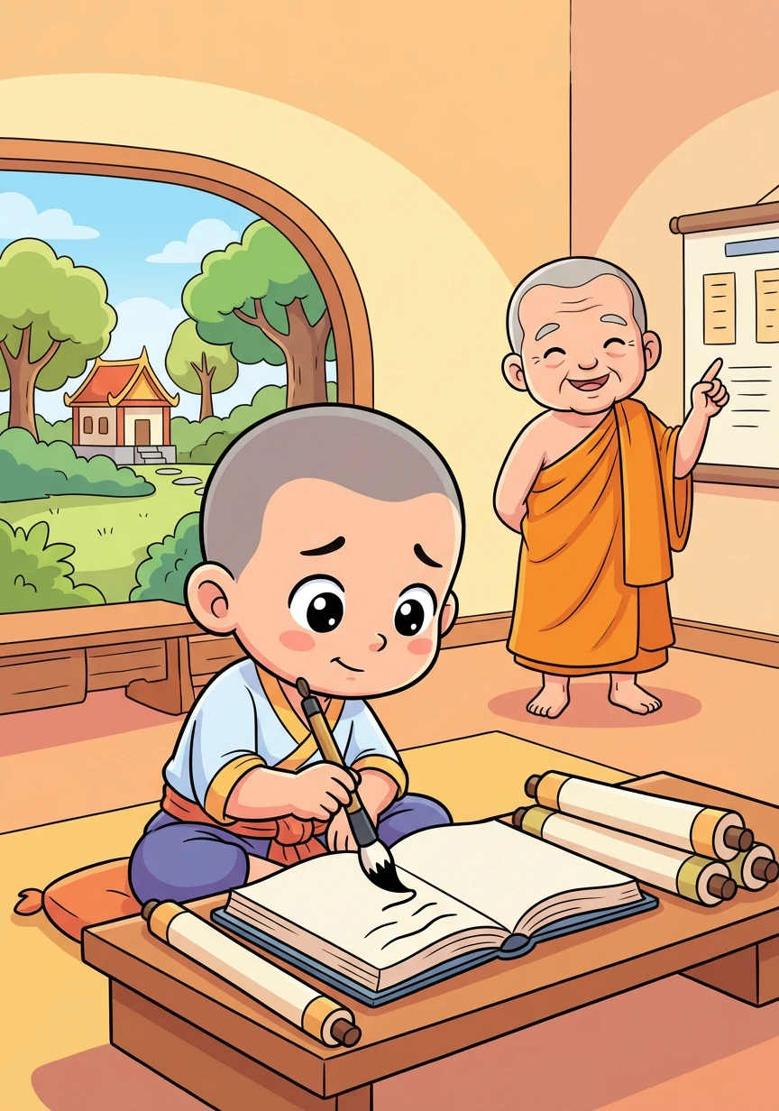 В школе при буддийском центре Санчай усердно учится грамоте, языкам и основам буддийской философии. Он быстро схватывает знания и радует учителей своими успехами. Однако, он скучает по дому.