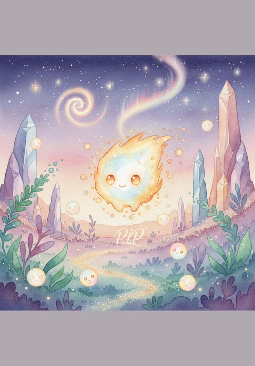 In a magical land where sugar clouds float over neon rivers, a tiny glowing spark named Pip drifts through a world of pure wonder. Shimmering sparkles fill the air as the glowing landscape shines with vibrant, magical colors that create a breathtaking sight.