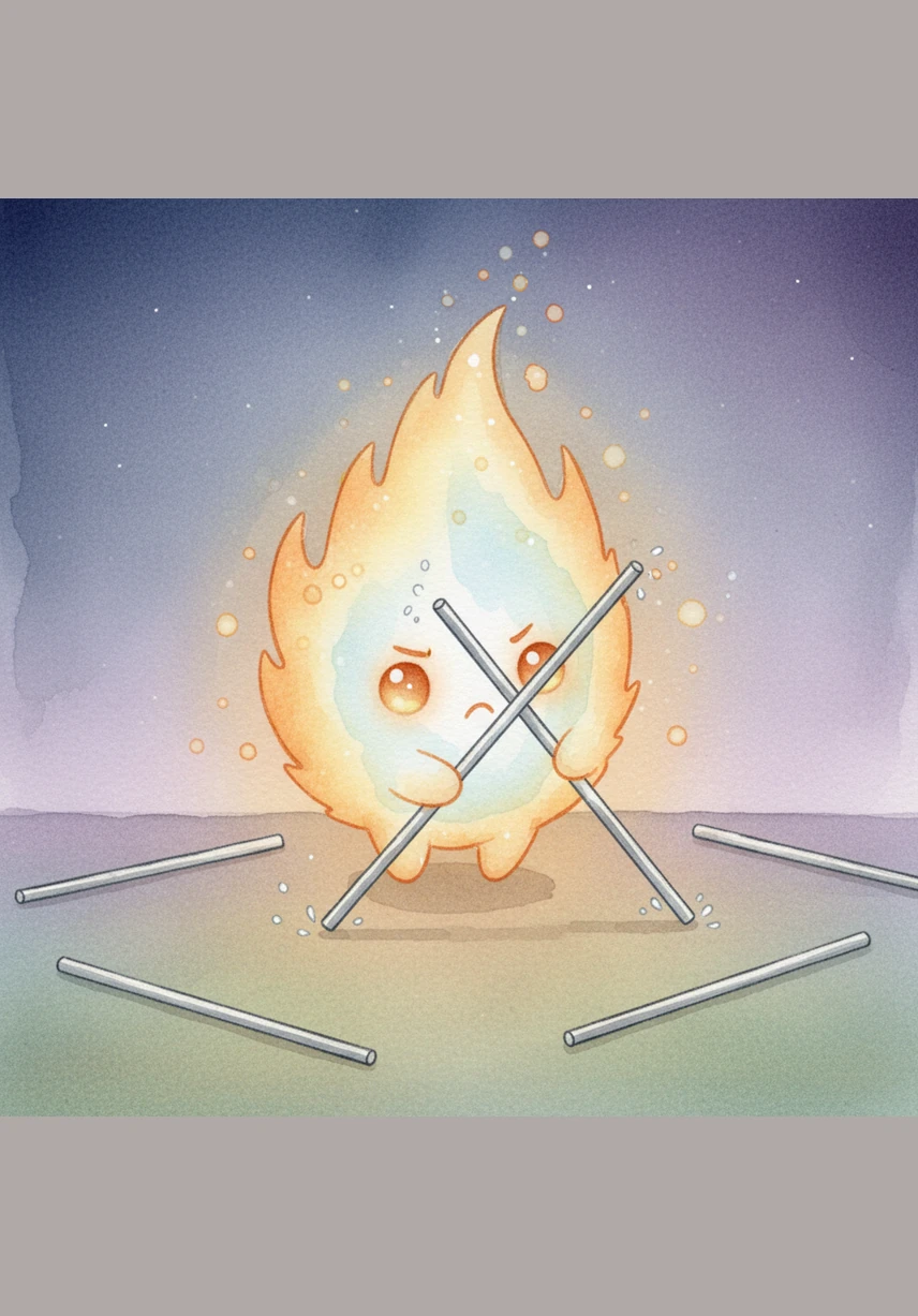 Pip tries to stand two of the silver sticks up against each other to make a frame. He balances them as carefully as he can, but they quickly slide apart and fall flat on the ground every single time.