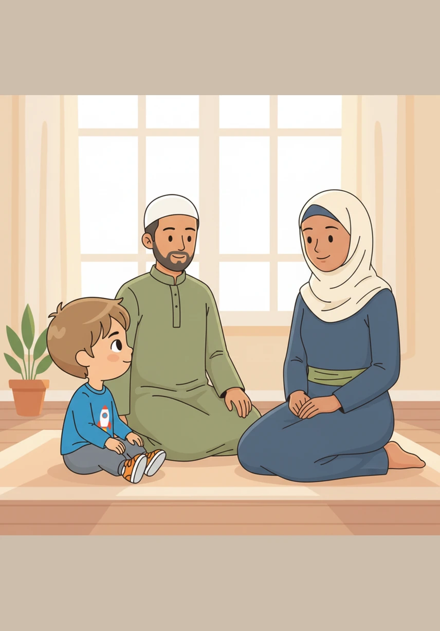 On a bright and sunny morning, young Adam sits closely with his mother, looking up at her with curious eyes. He asks her a big question about how to be a good Muslim, and she smiles warmly, ready to share a special secret.