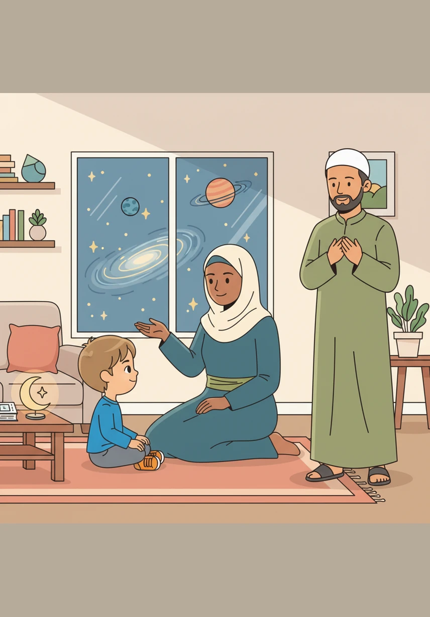 Adam's mother explains that Islam is like a beautiful, sturdy house that stands strong against the wind. She describes how this house is built upon five powerful pillars that keep everything balanced and safe.