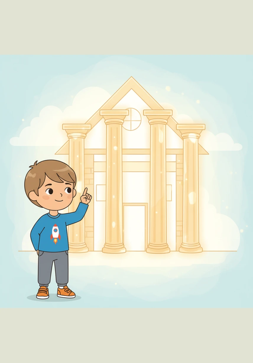 In his imagination, Adam sees a magnificent house with five glowing columns, each one representing a part of his faith. He points his finger and counts them one by one, marveling at how tall and strong they look together.