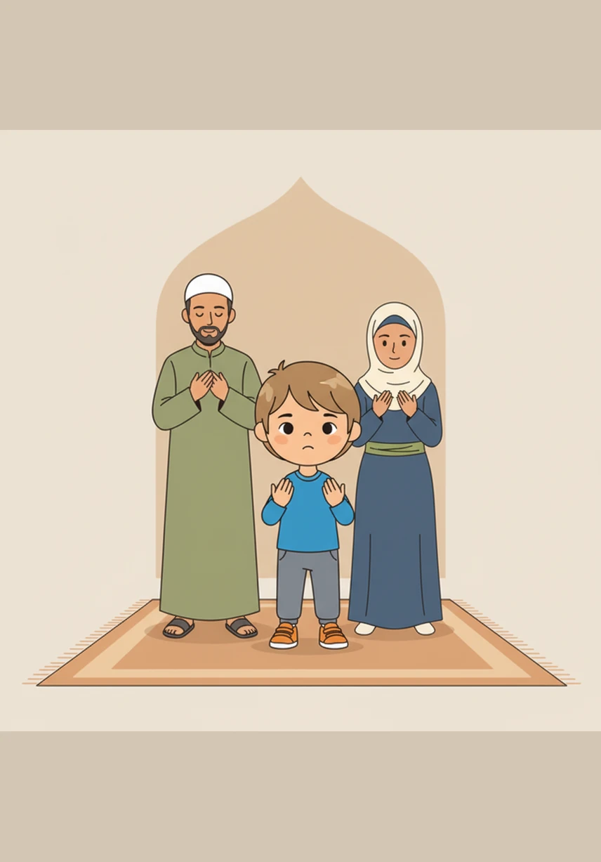 The first pillar is the Shahada, the beautiful words of faith that connect every Muslim to God. Adam raises his index finger and carefully repeats the declaration after his mother, feeling a sense of peace in his heart.