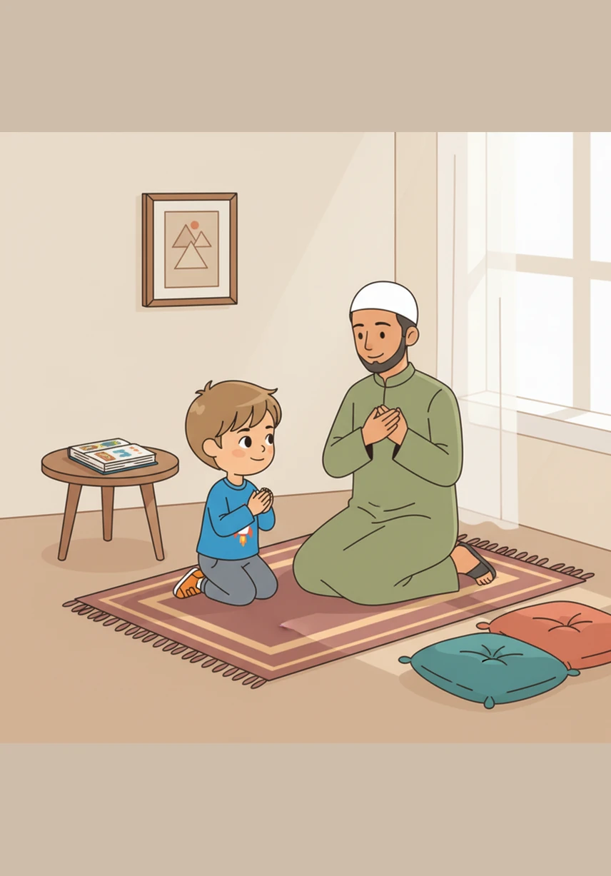 For the second pillar, Adam watches his father pray with quiet devotion on a soft rug in the living room. Adam decides to stand right beside him, mimicking the gentle movements and learning how to show gratitude to the Creator.