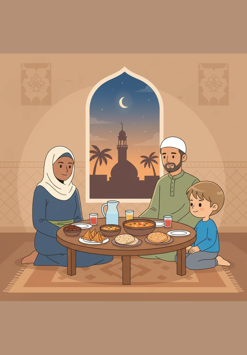 When the holy month of Ramadan arrives, the family gathers together at sunset for the third pillar, fasting. They wait patiently for the call to prayer before sharing a delicious meal, learning the value of patience and self-discipline.