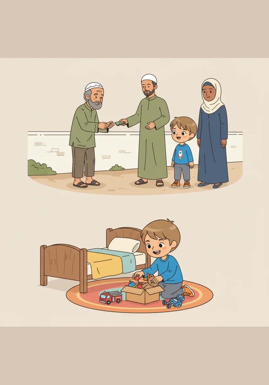 Adam watches his father give a gift of money to a person in need, explaining the fourth pillar of charity called Zakat. Inspired by this kindness, Adam goes to his room to find his favorite toys to share with other children who have less.