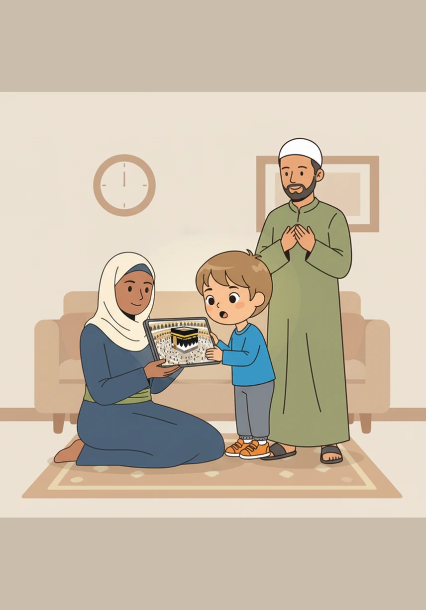 Mother shows Adam a picture of the majestic Kaaba in Mecca, surrounded by thousands of people for the fifth pillar, Hajj. Adam stares at the beautiful sight, amazed by how many people from all over the world come together in one place.