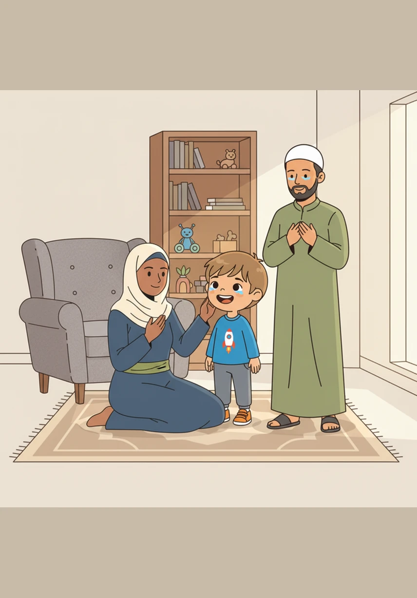 To end the day, Adam sits on his bed and counts the five pillars on his small fingers to make sure he remembers them all. He gives his mother a big hug and tells her how much he loves his faith and the beautiful house they are building together.