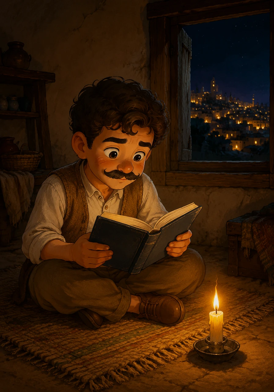 Young Sami sits on a worn woven mat in his family's small, dim cottage, studying a borrowed book by the soft, warm glow of a single candle. Through the open window, the bustling city lights twinkle in the distance, representing a world he longs to understand.