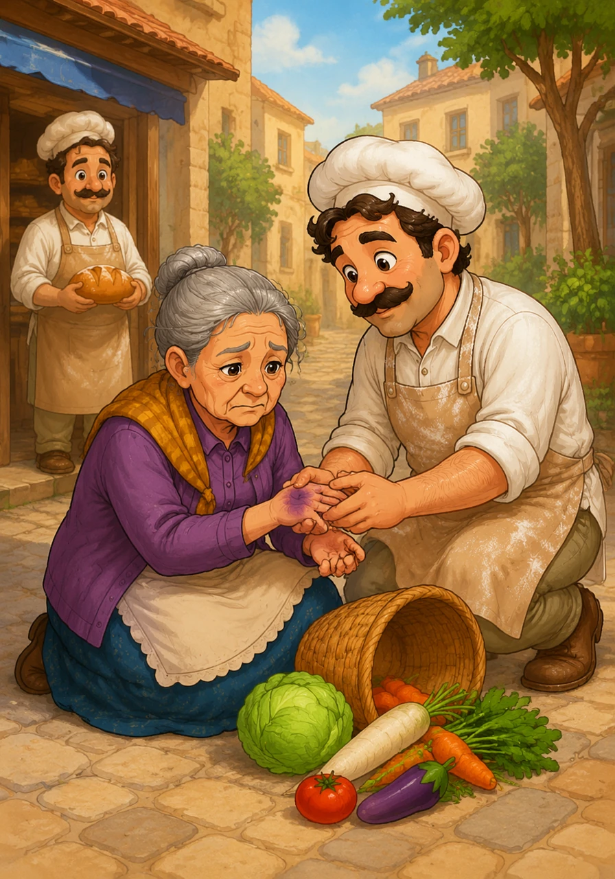 Walking home from the market, Sami stops to help an elderly neighbor who has dropped her heavy basket of vegetables. As he gently checks her bruised hand, a spark of kindness ignites in his heart, and he realizes he wants to spend his life taking care of people.