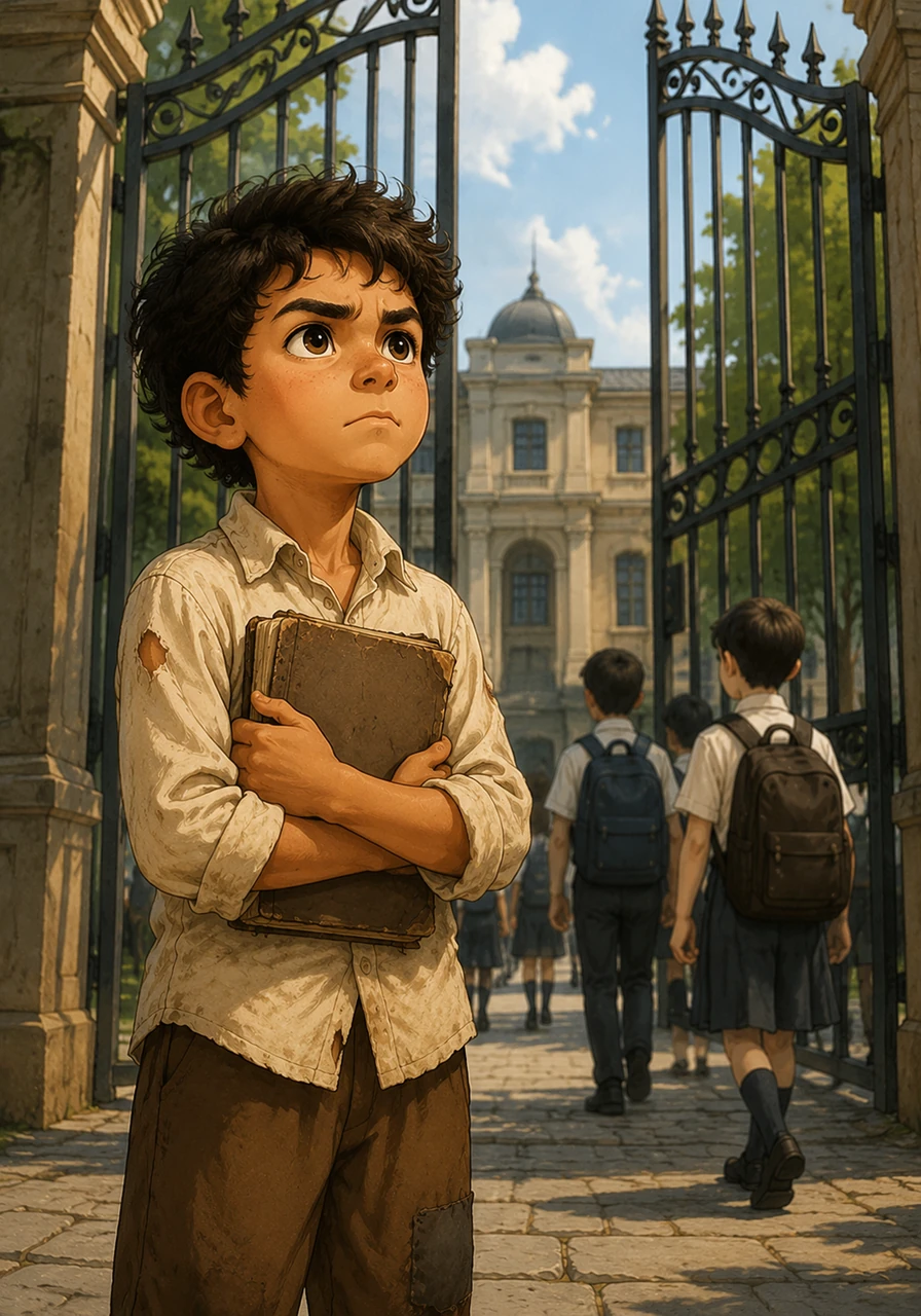 Sami stands outside the iron gates of the prestigious city school, watching the other children walk in with polished shoes and heavy backpacks. He tightly grips his own tattered notebook, his eyes filled with a fierce determination to one day walk through those gates as a student.