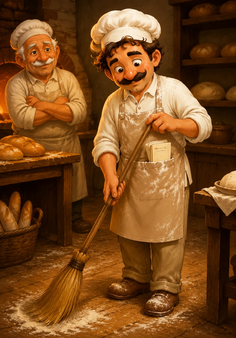 Working late into the evening at a local bakery, Sami sweeps the flour-dusted floors under the watchful eye of a kind baker. In his pocket rests a small anatomy pamphlet, which he sneaks glances at whenever he takes a short break from his chores.