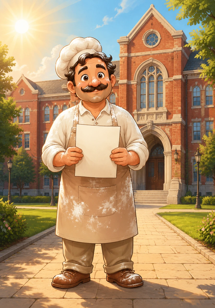 A joyful turning point arrives when Sami stands proudly before a grand brick university building, holding an official scholarship letter in his hands. The morning sun shines brightly upon him, symbolizing the new dawn of his academic journey.