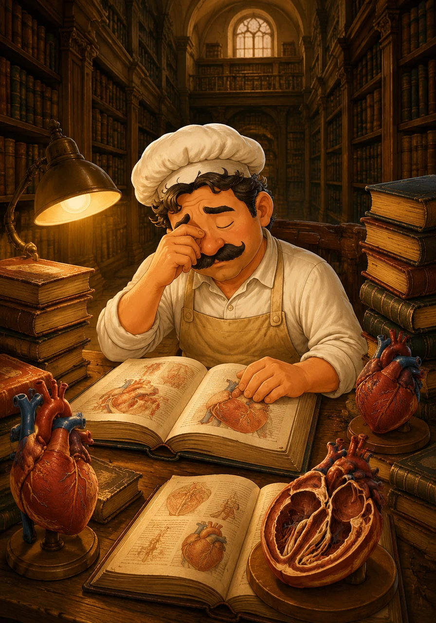 Inside a vast medical school library, Sami sits surrounded by towering stacks of thick textbooks and anatomical models. He rubs his tired eyes but keeps reading, completely absorbed in learning how the human heart works.