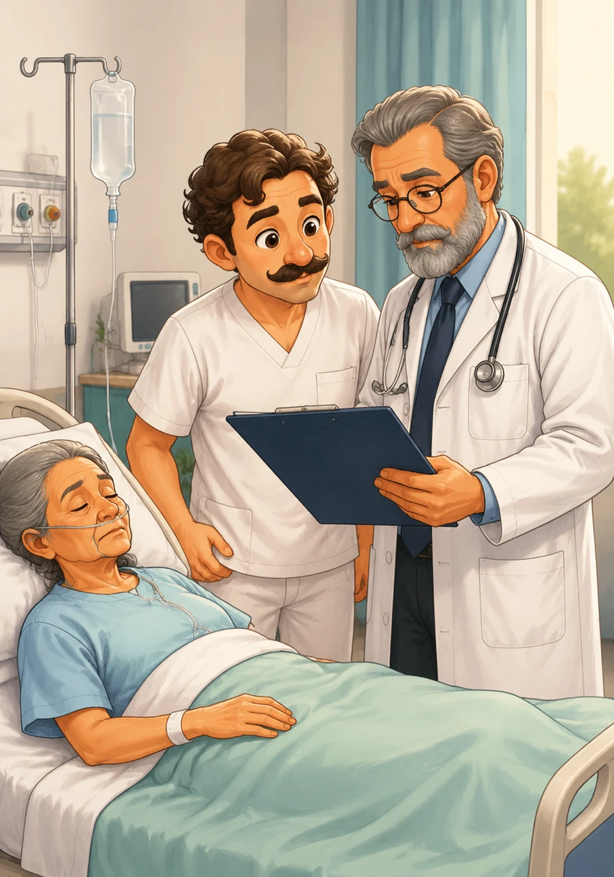 Sami stands next to a senior doctor in a bright, clean hospital ward, observing a patient's chart with intense focus. Wearing his very first clean white medical scrub top, he listens intently to the rhythm of the patient's breathing.