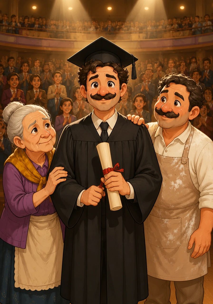 Years of relentless dedication culminate in a grand auditorium where Sami, now a young man, proudly steps across the stage to receive his medical diploma. The crowd applauds warmly, and his eyes glisten with tears as he looks down at his graduation gown.