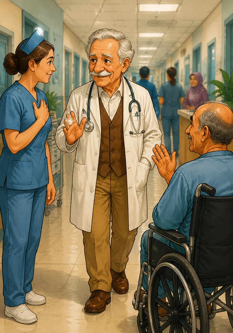 Dr. Sami walks through a bustling hospital corridor, a shining stethoscope draped around his neck and a warm, reassuring smile on his face. Nurses and patients greet him with deep respect, recognizing him as one of the city's most compassionate physicians.