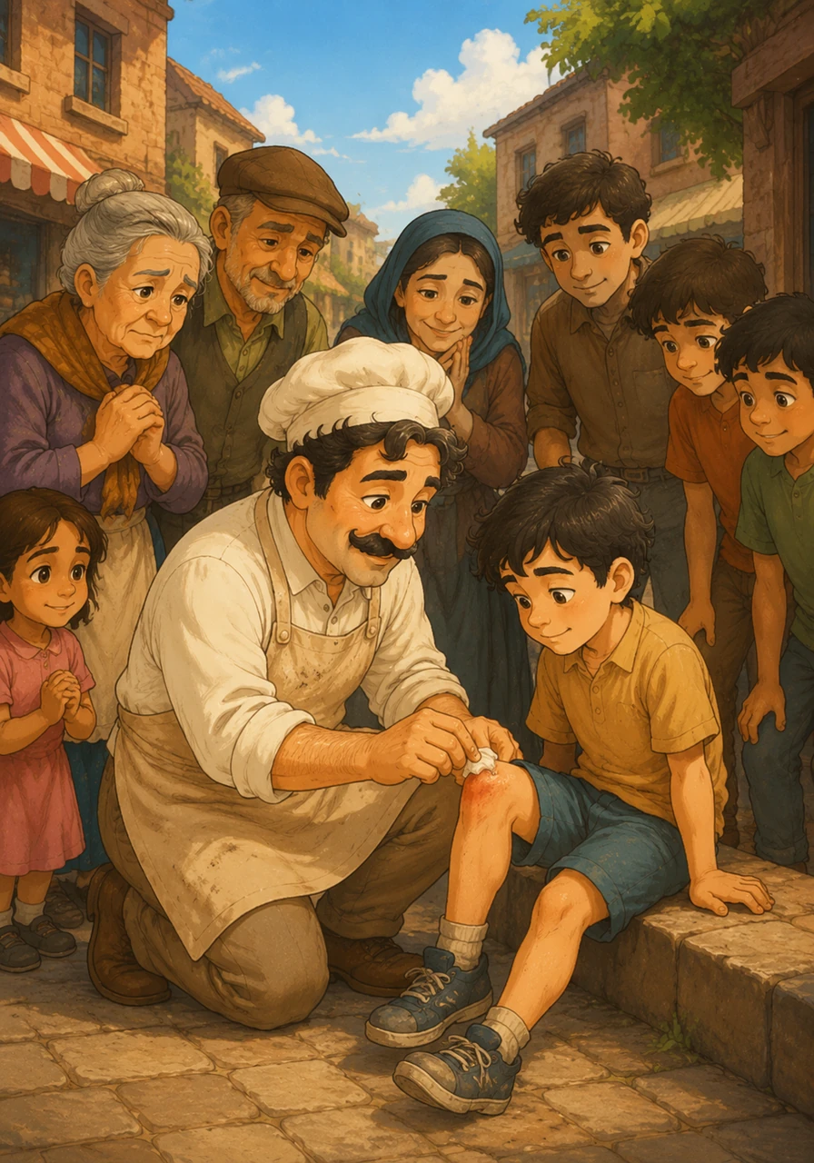 Returning to his old childhood neighborhood, Dr. Sami kneels down to treat a young boy with the same gentle care he once offered his neighbor. The community gathers around him in gratitude, inspired by the poor boy who never gave up on his dream to heal the world.