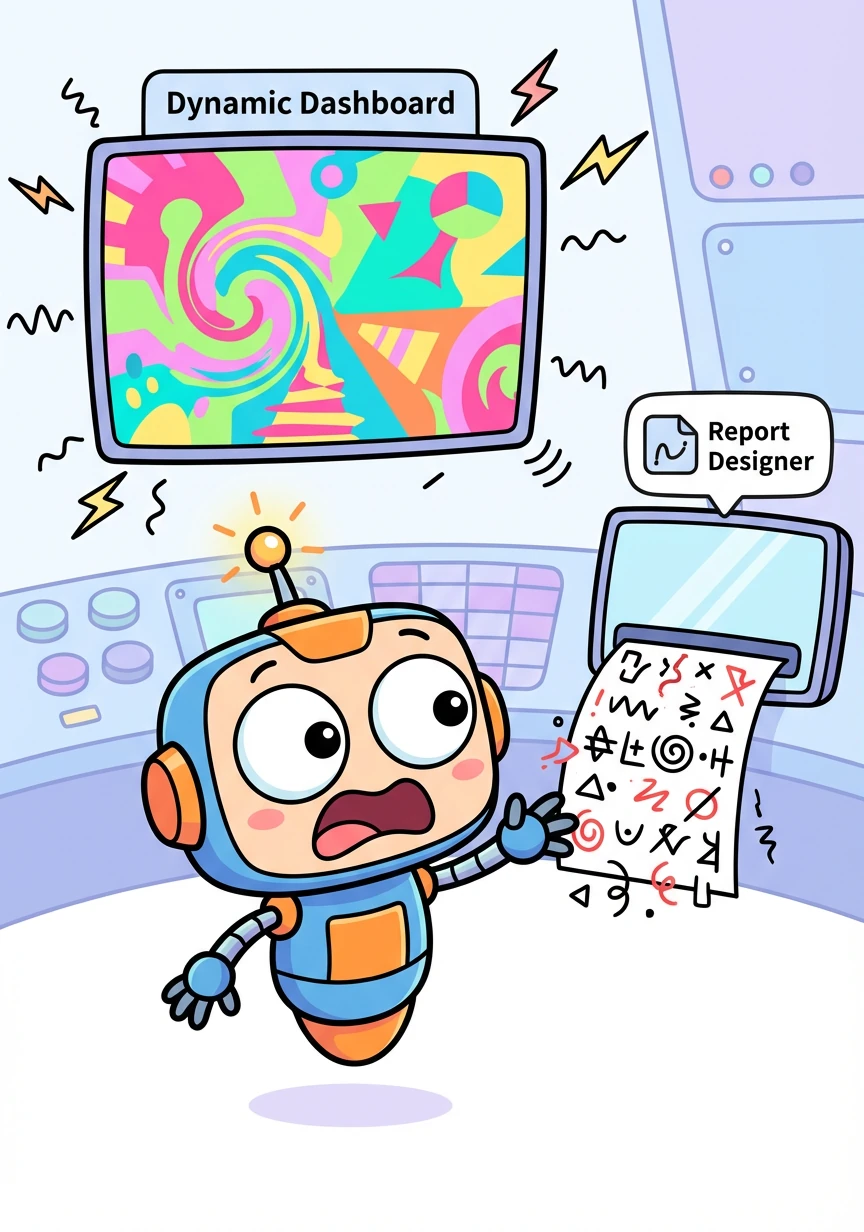 Suddenly, a glitch appeared in the system! The colors on the Dynamic Dashboard went haywire, and the Report Designer started producing gibberish.