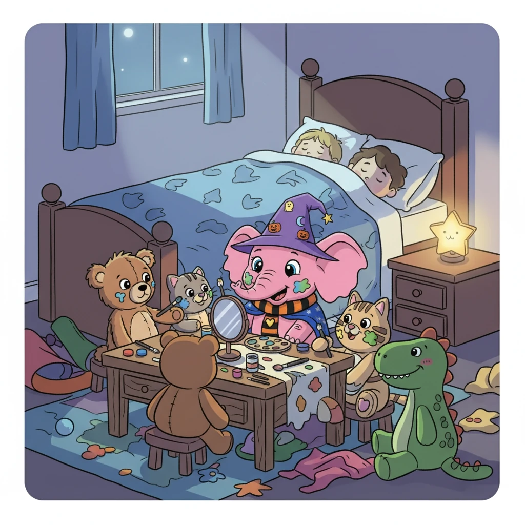 Depuis le matin, les préparatifs battaient leur plein. Les museaux étaient repeints de couleurs étranges et amusantes. Pendant que les enfants dormaient paisiblement, les doudous s'activaient, cachés sous les couvertures, complotant leurs joyeux jeux.