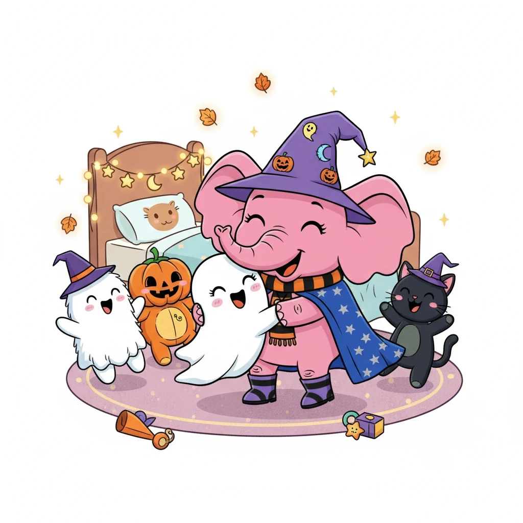 Les doudous d'Halloween, doux comme du velours, fêtaient cette nuit sans hésitation. Pas de monstres effrayants, juste des câlins réconfortants et des rires. La magie opérait, transformant la chambre en un royaume de douceur.