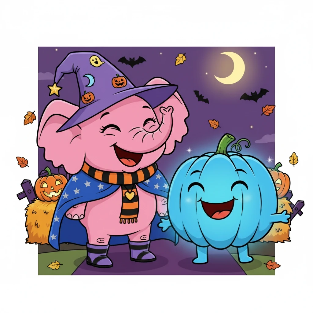 Éléphante Rose, avec son chapeau de travers, et Citrouille Bleue, radieux comme une citrouille, riaient à gorge déployée. Citrouille Bleue, le ventre tout rond, se prenait pour un véritable potiron, ajoutant une touche d'humour à la fête.