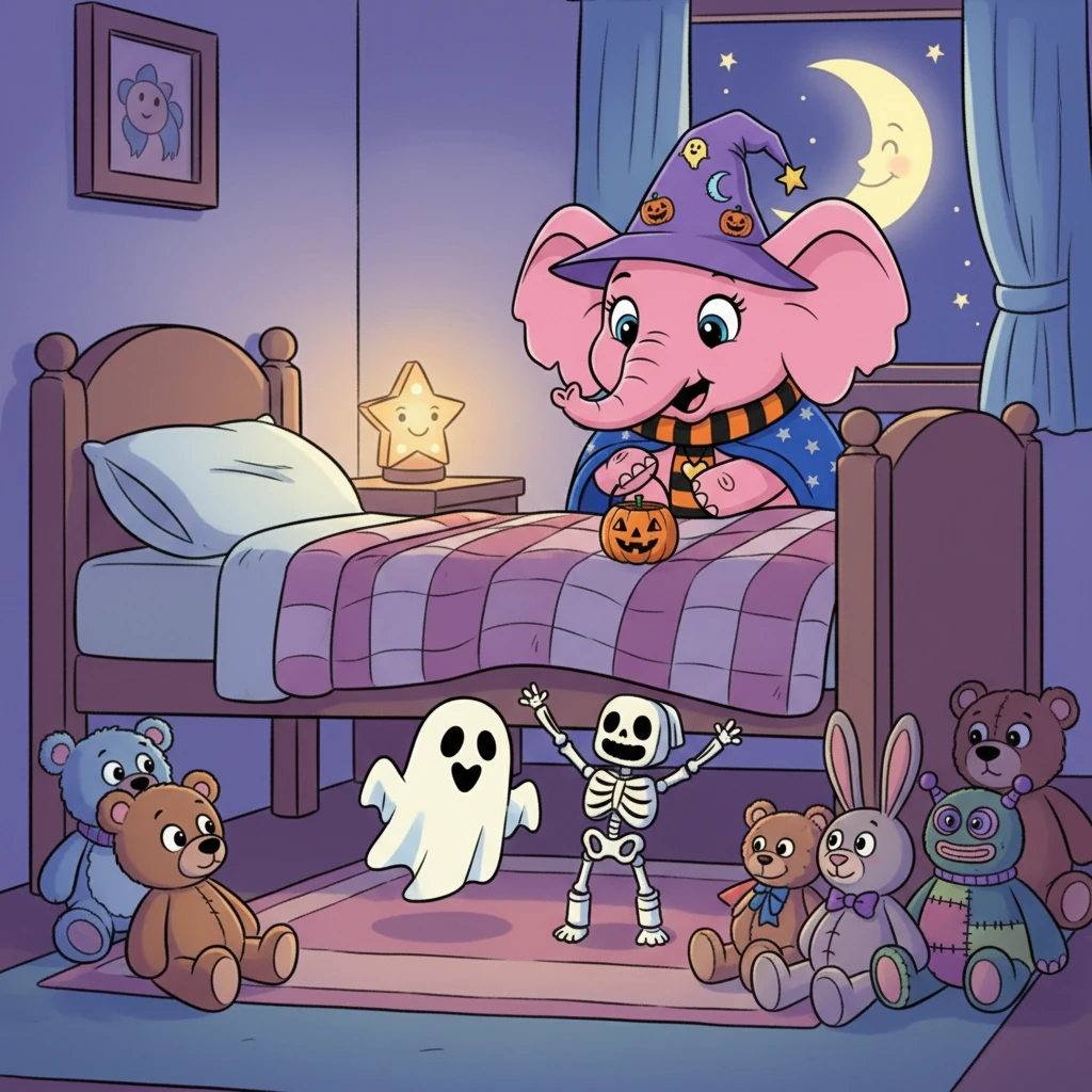 Sous le lit, un fantôme fait d'une chaussette et un squelette de serviettes se joignaient à la fête. Les doudous veillaient, assurant la sécurité des rêves. La nuit était remplie de douceur et de protection.