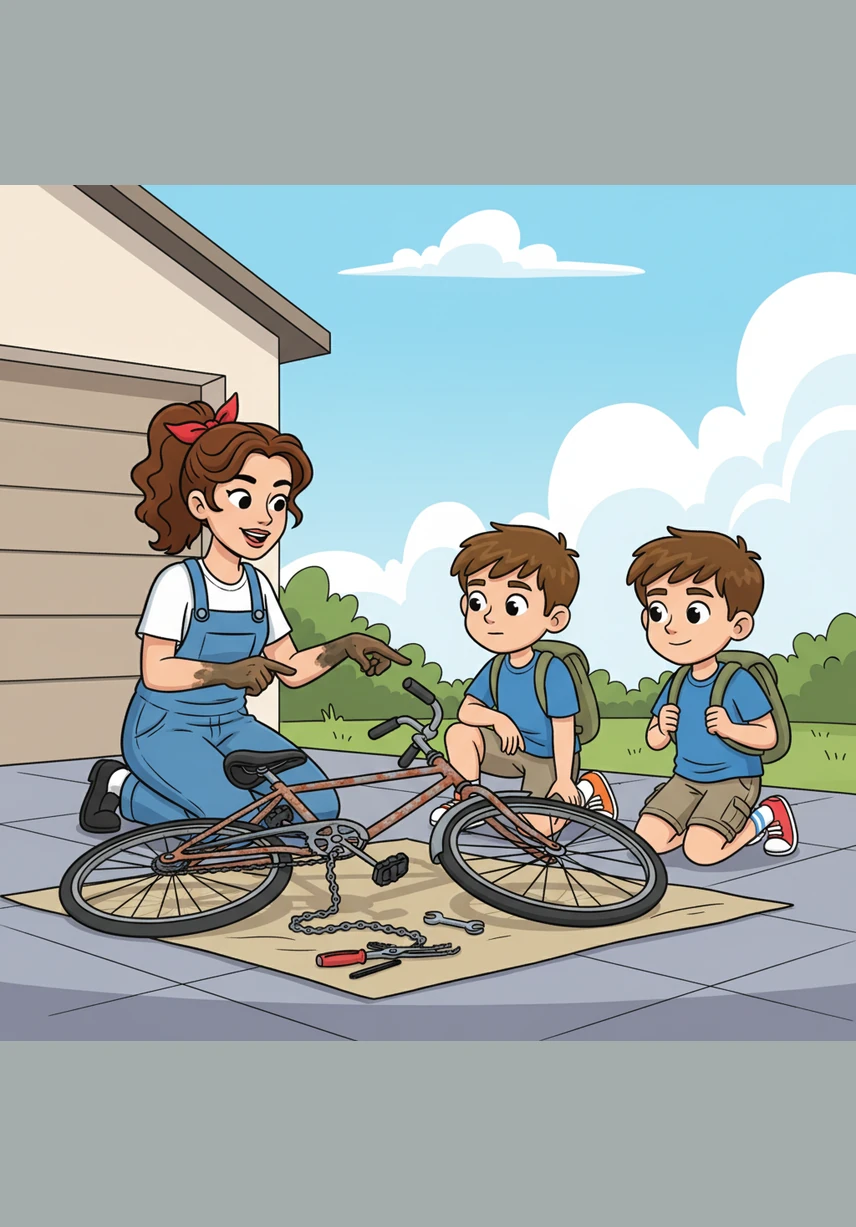 In the driveway, Sarah teaches the boys how to repair a chain on a rusted bicycle, her hands covered in grease. She explains that even when things are broken or damaged, they can be fixed with patience and hard work. The boys watch her intently, learning that resilience is something you build with your own two hands.