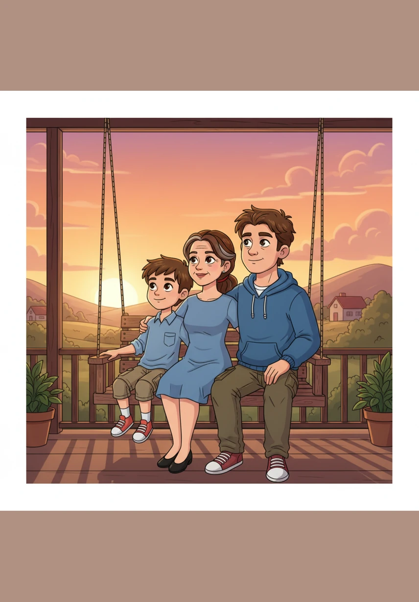 Now older, Sarah sits on a porch swing between her two grown sons, who have become kind and successful men. They watch the sunset together, reflecting on the beautiful life she built from the fragments of a difficult situation. Her legacy is not the shadow of their father, but the light of the love and strength she poured into them.