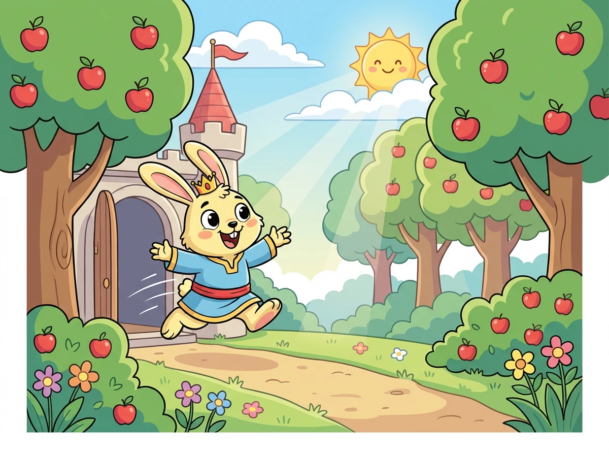 في صباح مشمس، استيقظ الأمير أرنوب بحماس. قرر الذهاب إلى الغابة بحثًا عن التفاح اللذيذ.